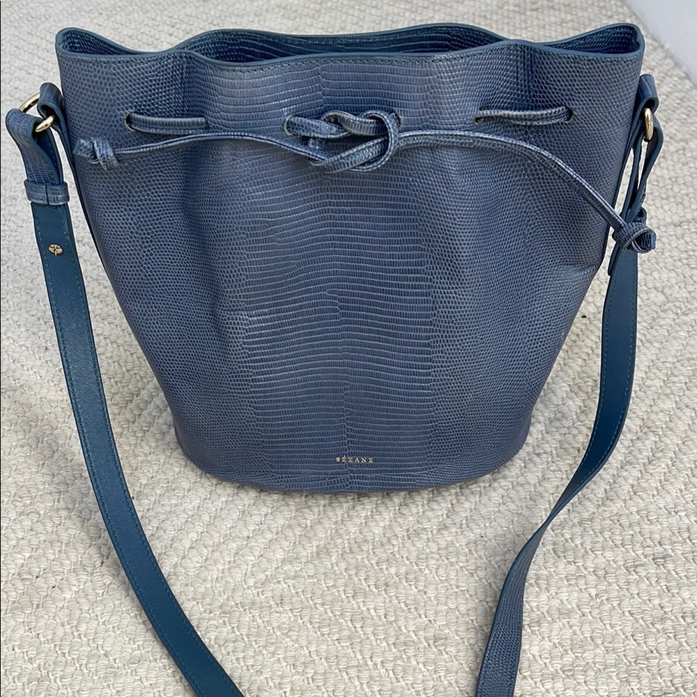 Sezane Farrow Blue Denim Croc Leather Bucket Bag